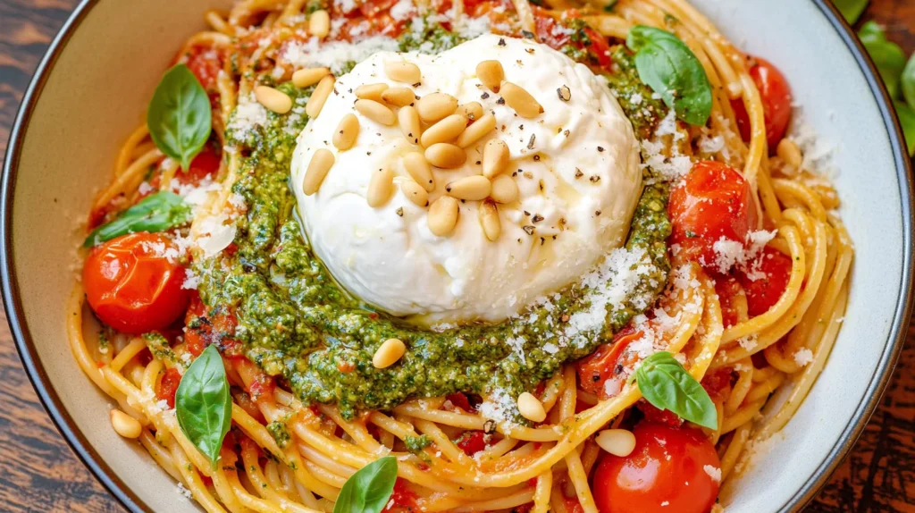 A bowl of spaghetti with pesto, burrata, cherry tomatoes, and pine nuts.