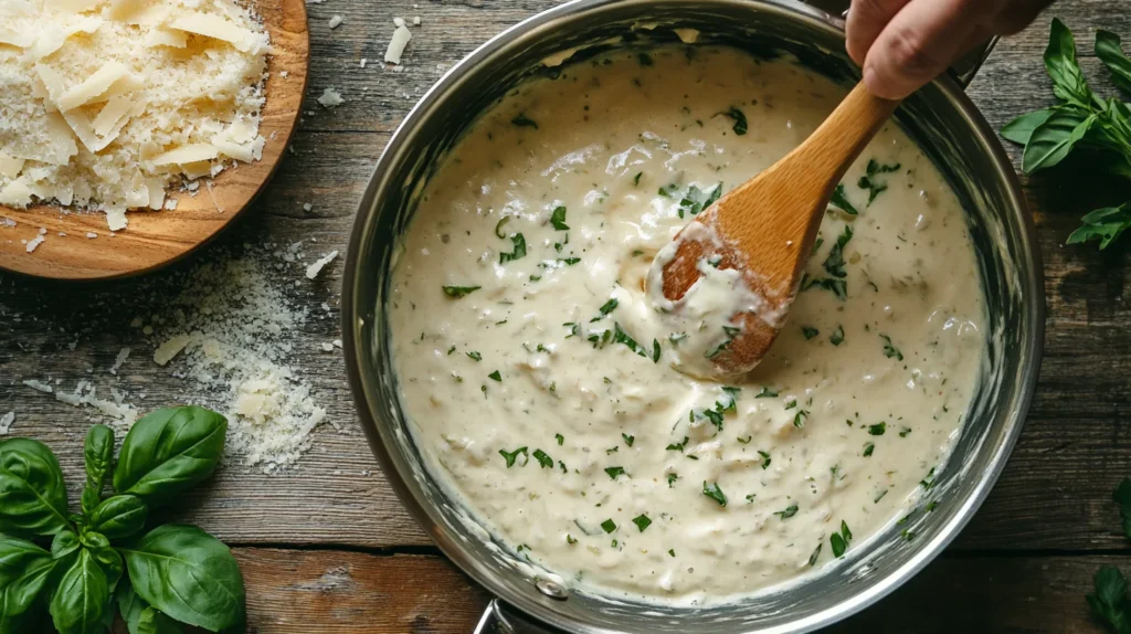 Alfredo sauce being prepared in a saucepan with herbs and cheese nearby.