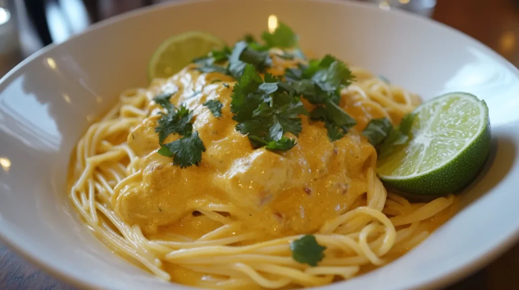 Baked Pasta Spaghetti in a curry sauce with lime and cilantro garnish.