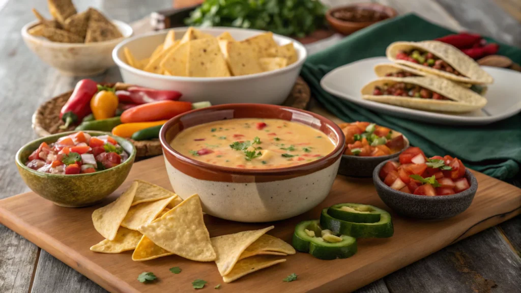 Chipotle queso served with chips and veggies.