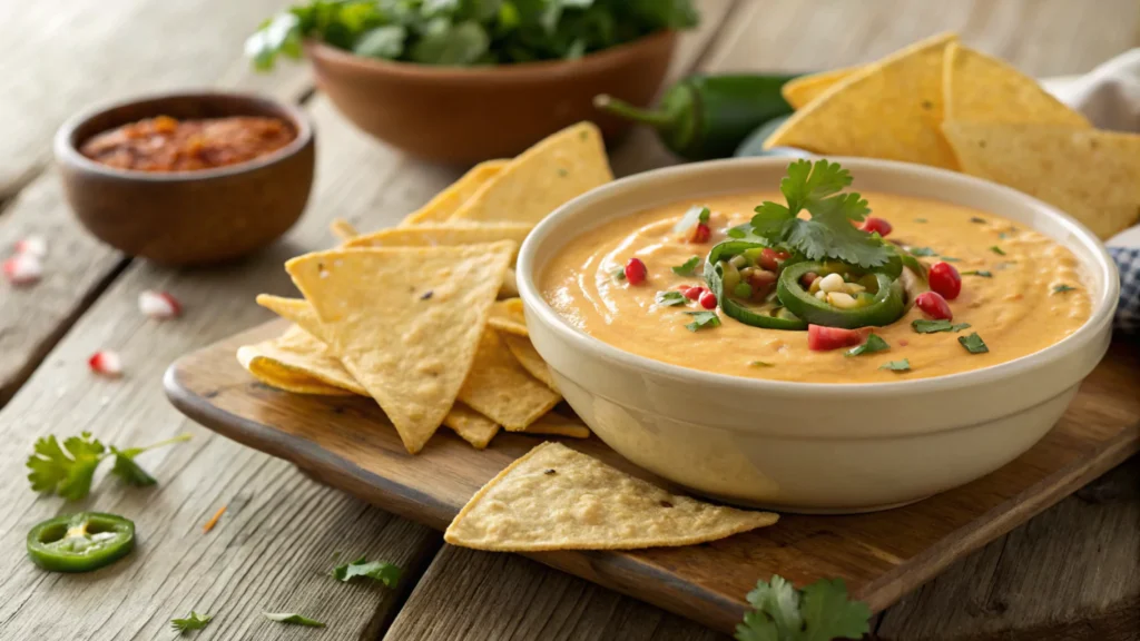 Bowl of chipotle queso surrounded by tortilla chips.