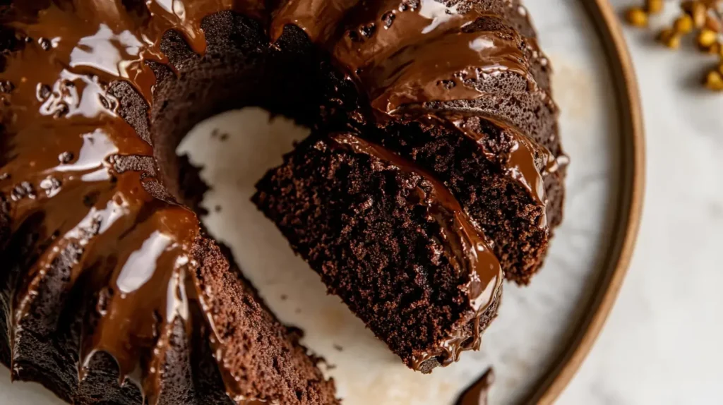 Moist chocolate pound cake with slices on a table.