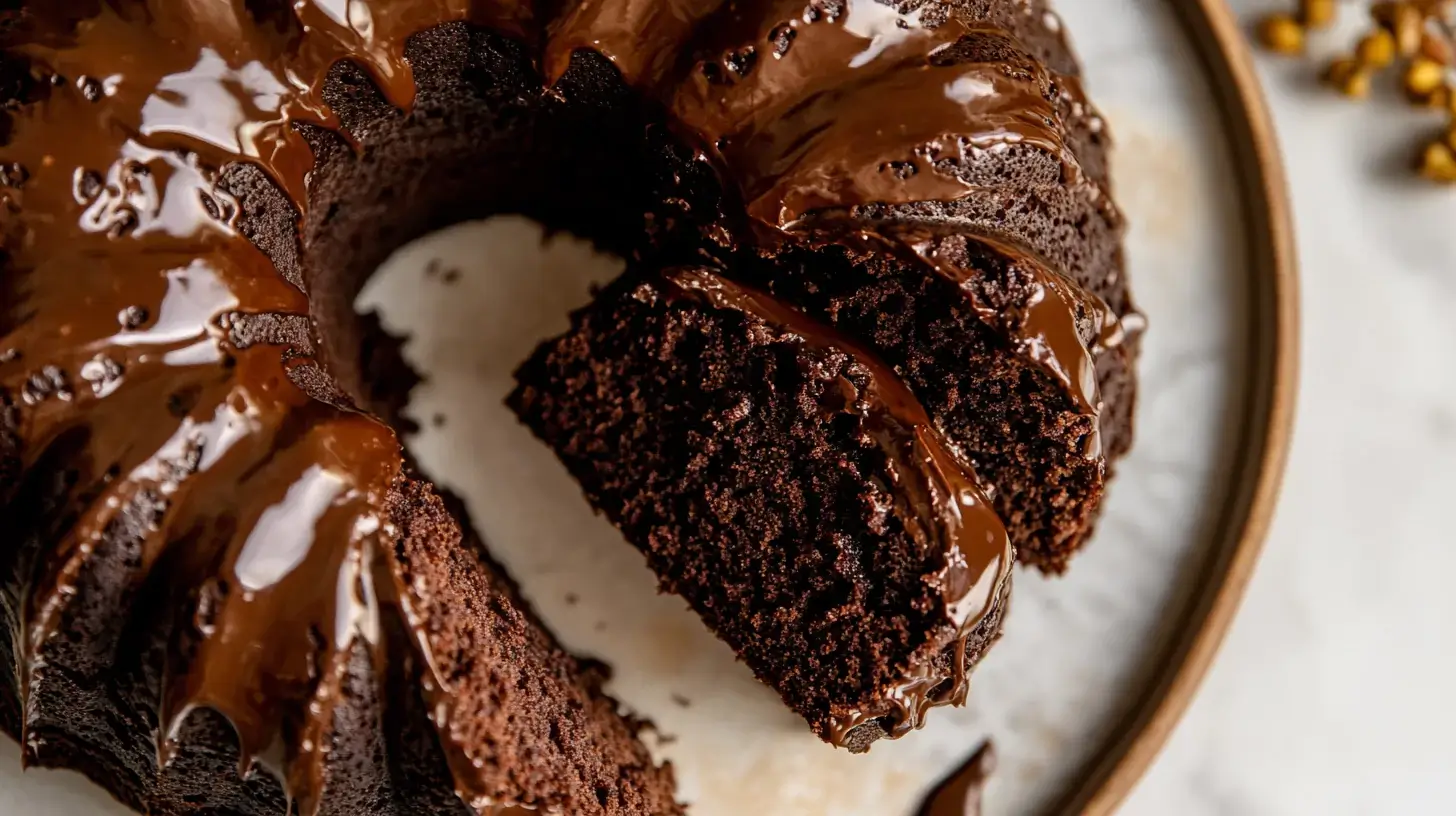 Moist chocolate pound cake with slices on a table.
