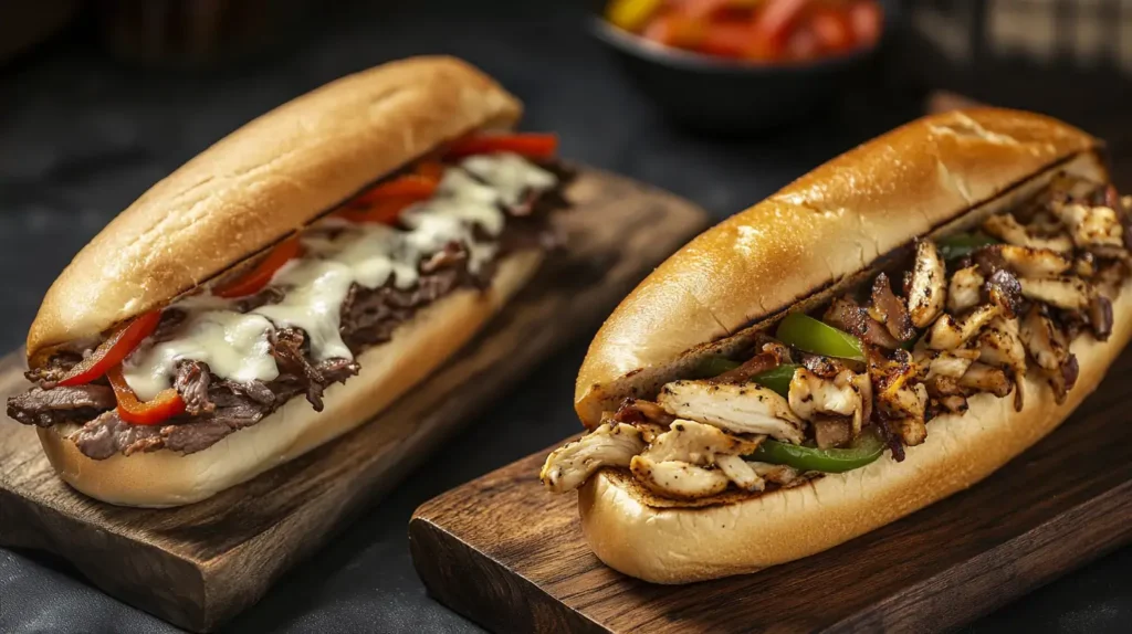 Philly cheesesteak and Chicken Philly sandwiches side by side.