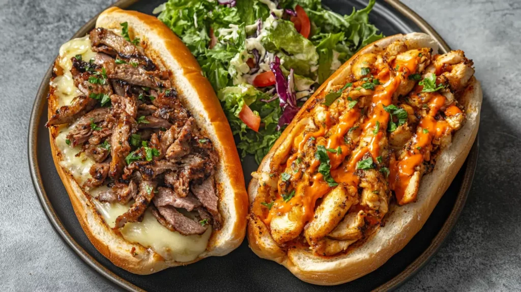 Philly cheesesteak and Chicken Philly sandwiches served with a salad.