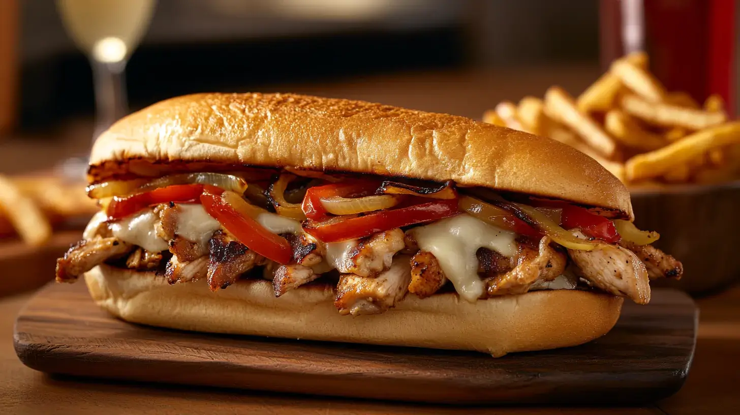 Chicken Cheesesteak sandwich with melted cheese and vegetables.