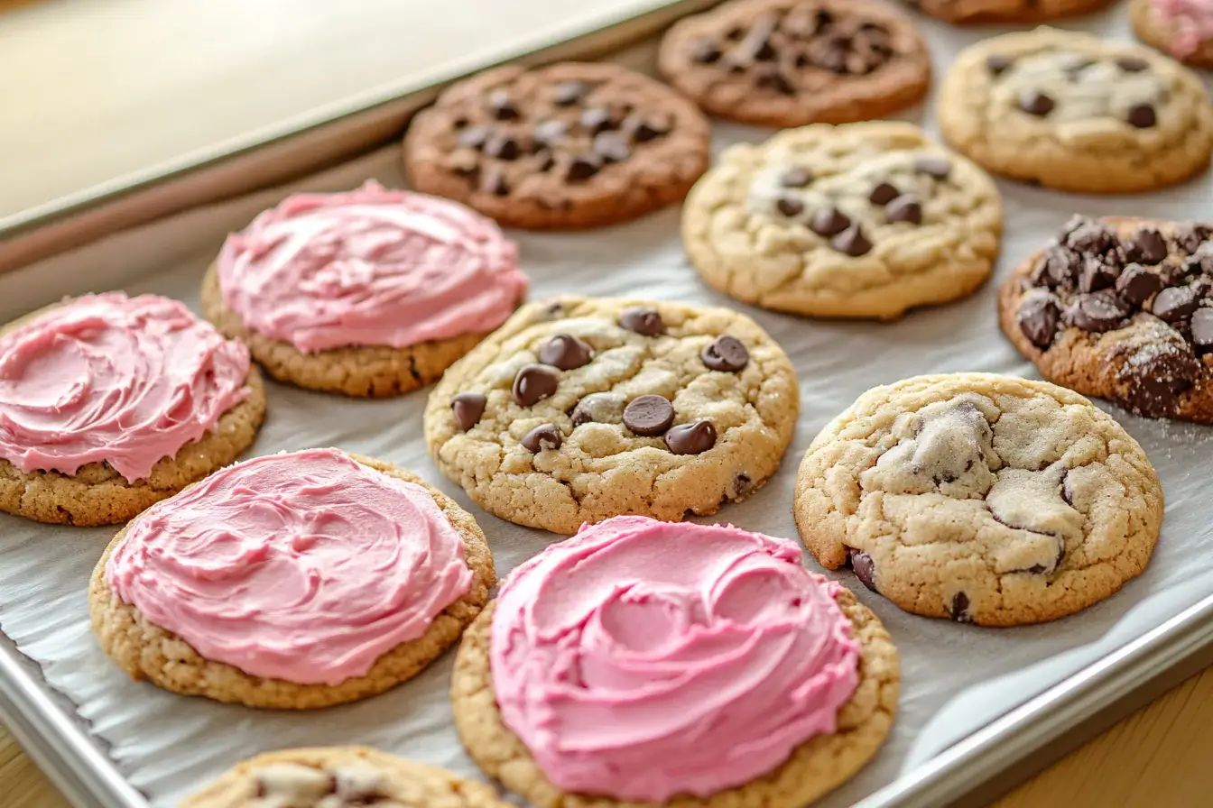 A tray of colorful Crumbl cookies recipe various flavors.
