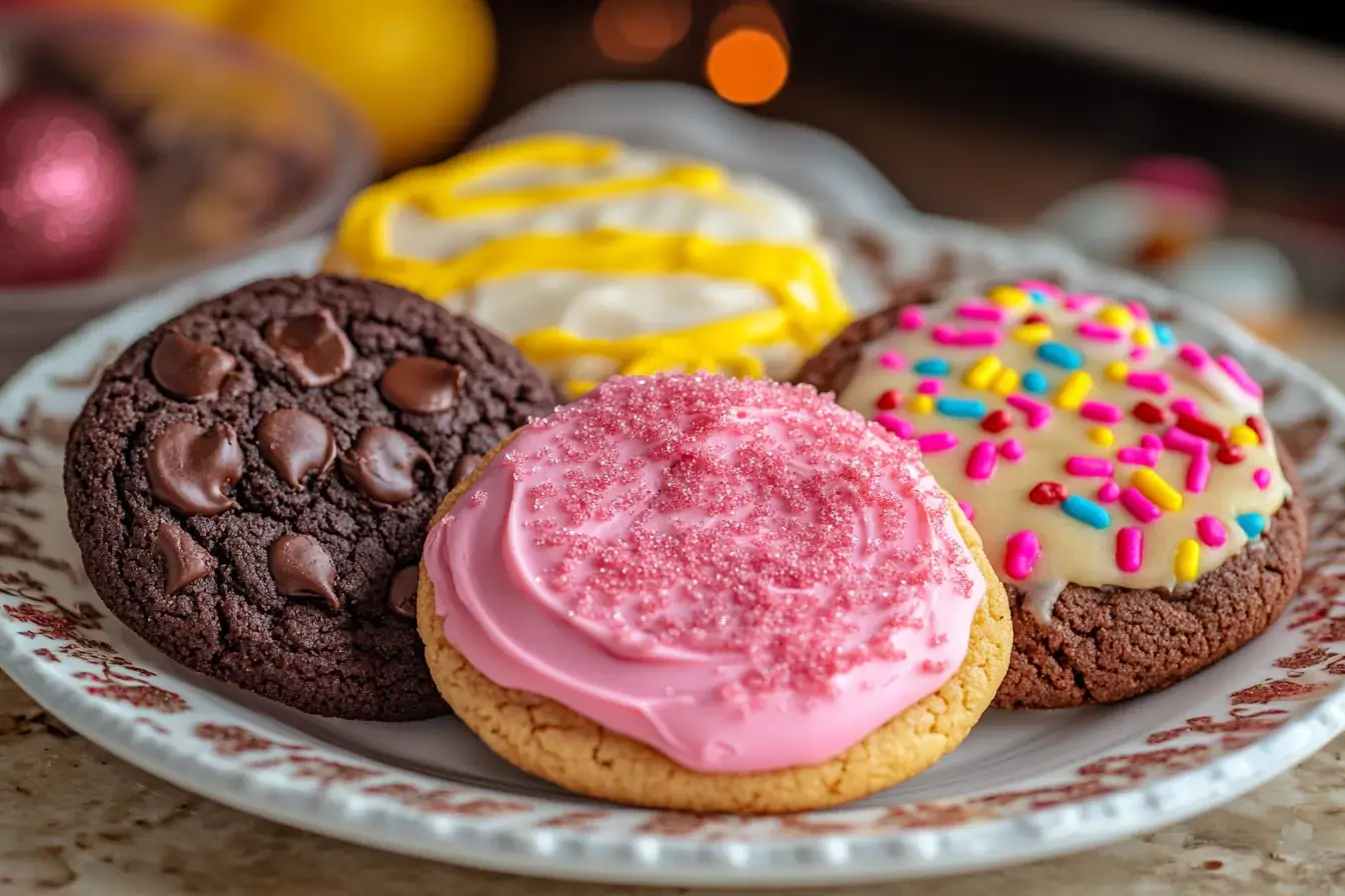 Four Crumbl-style cookies in chocolate chip, pink sugar, lemon glaze, and snickerdoodle flavors.