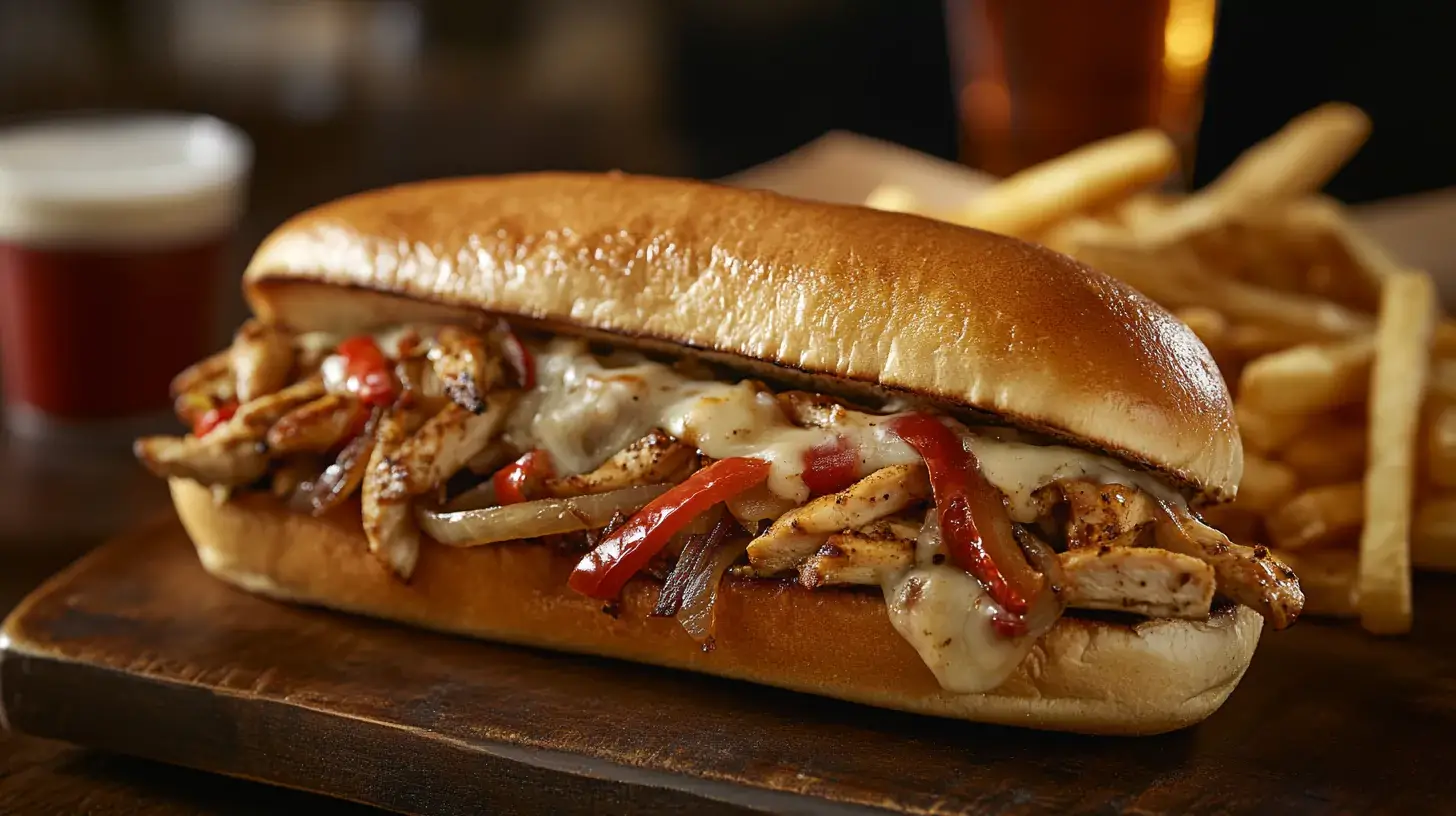 Chicken Philly Cheesesteak sandwich on a plate with fries.