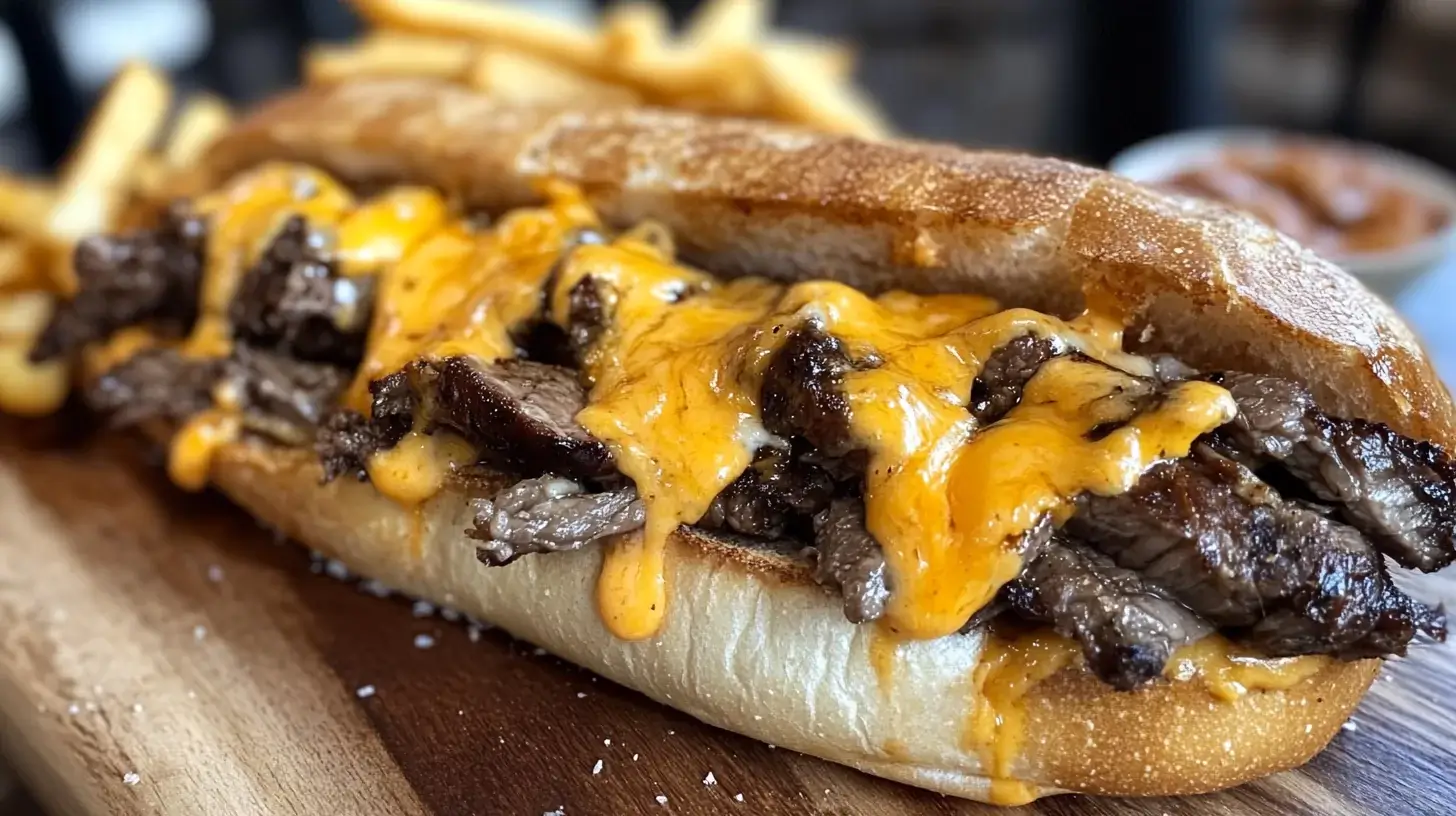 Philly cheesesteak sandwich with Cheez Whiz and onions.