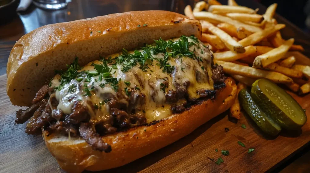Philly cheesesteak with fries and pickles