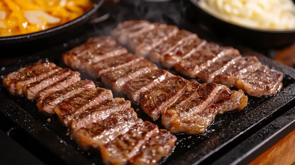Ribeye steak and cheese melting on a griddle for a cheesesteak.