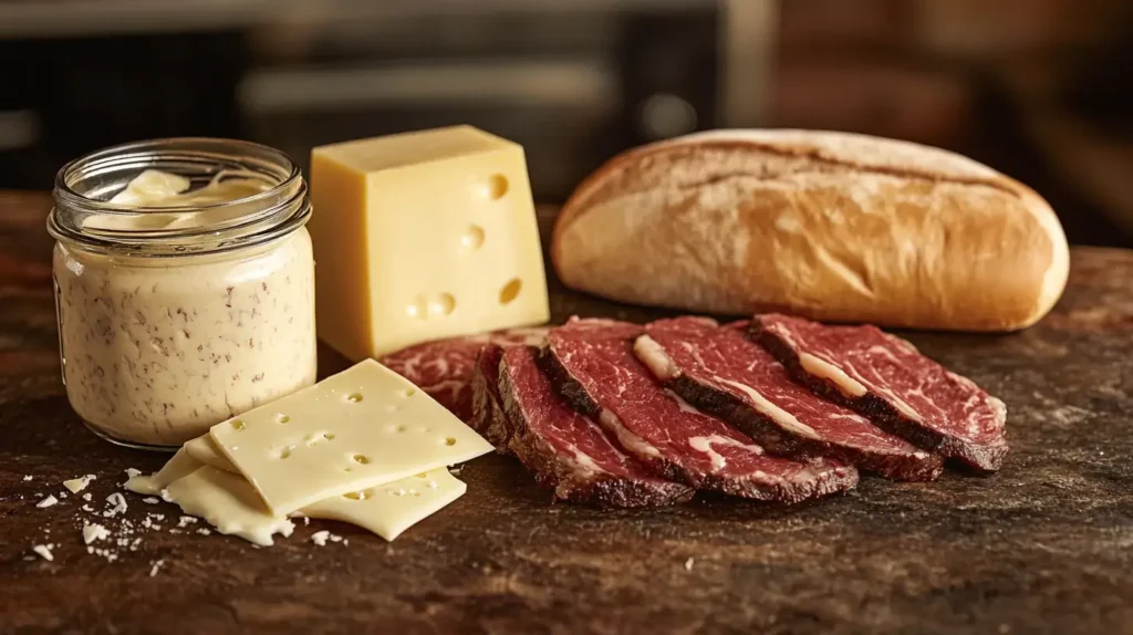Cheez Whiz, provolone, and American cheese as cheesesteak ingredients.