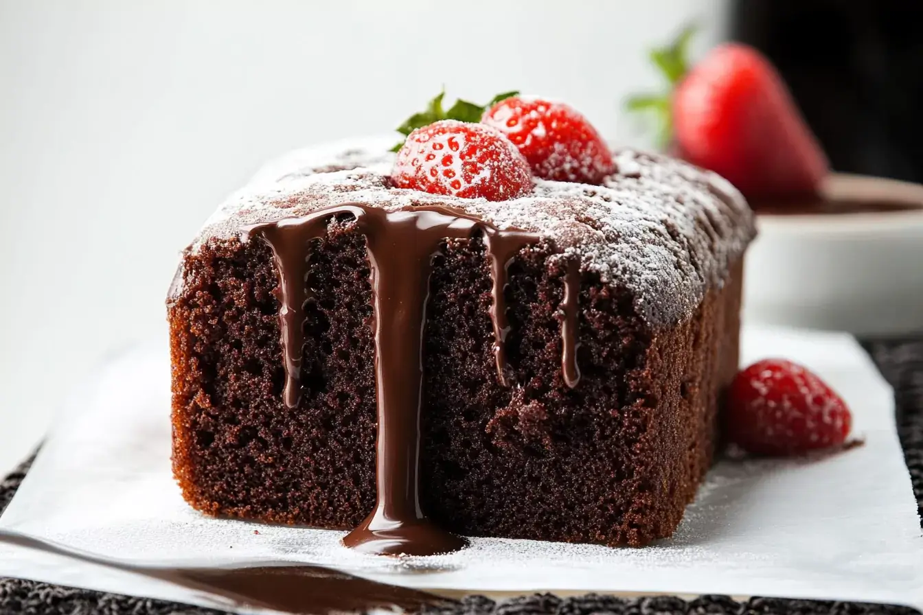 Moist chocolate pound cake sliced and served.