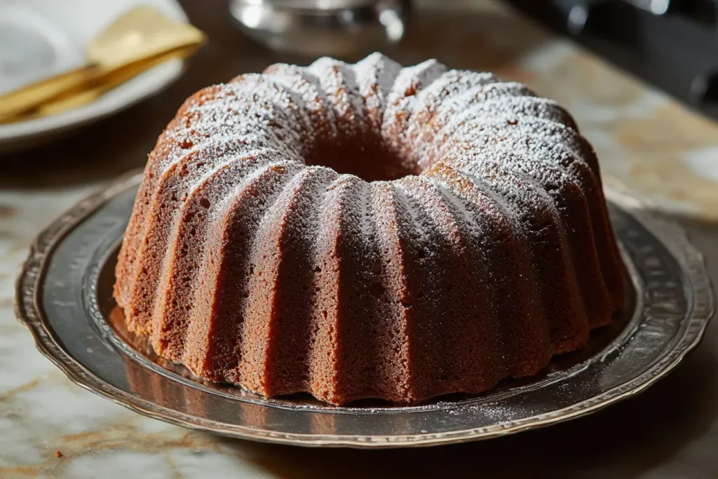 A golden pound cake in a Bundt pan its moist texture.