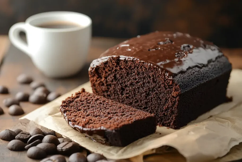 A moist chocolate pound cake placed on a rustic surface