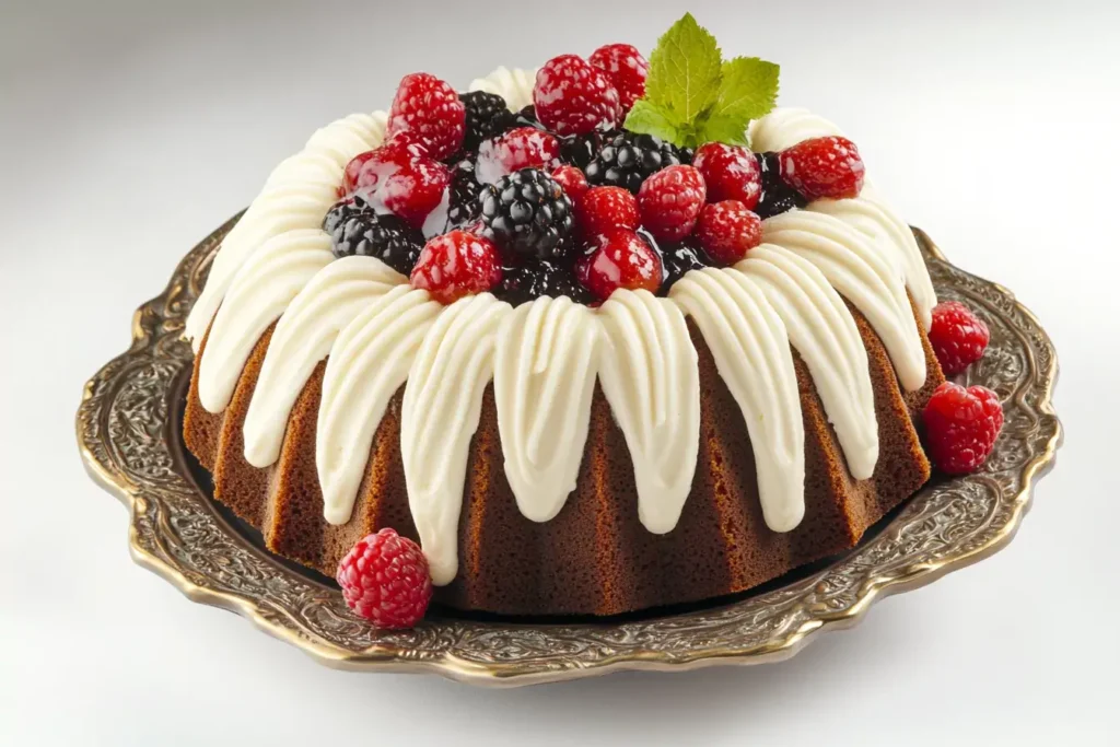 A beautifully presented bundt cake topped with a creamy white icing and garnished with fresh raspberries, blackberries, and mint leaves
