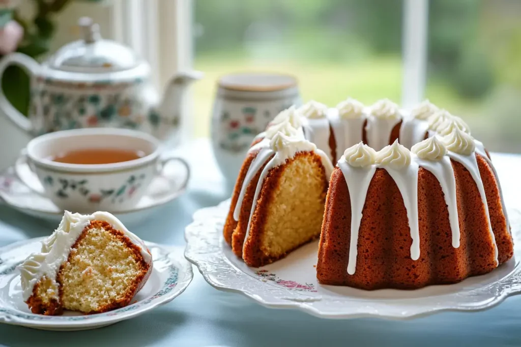 Sliced Bundt cake showing a moist and dense interior