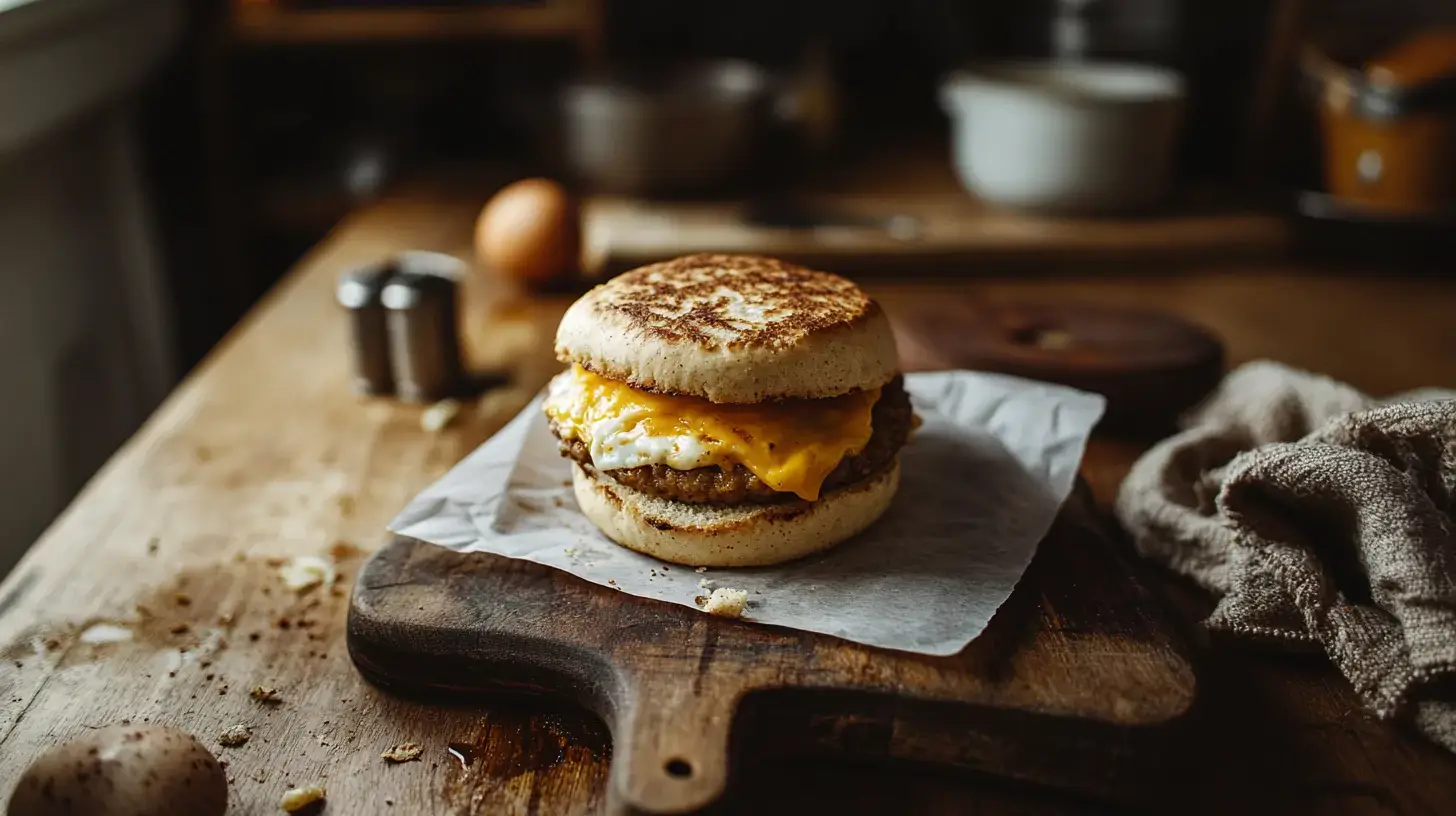 A homemade sausage egg and cheese McMuffin.
