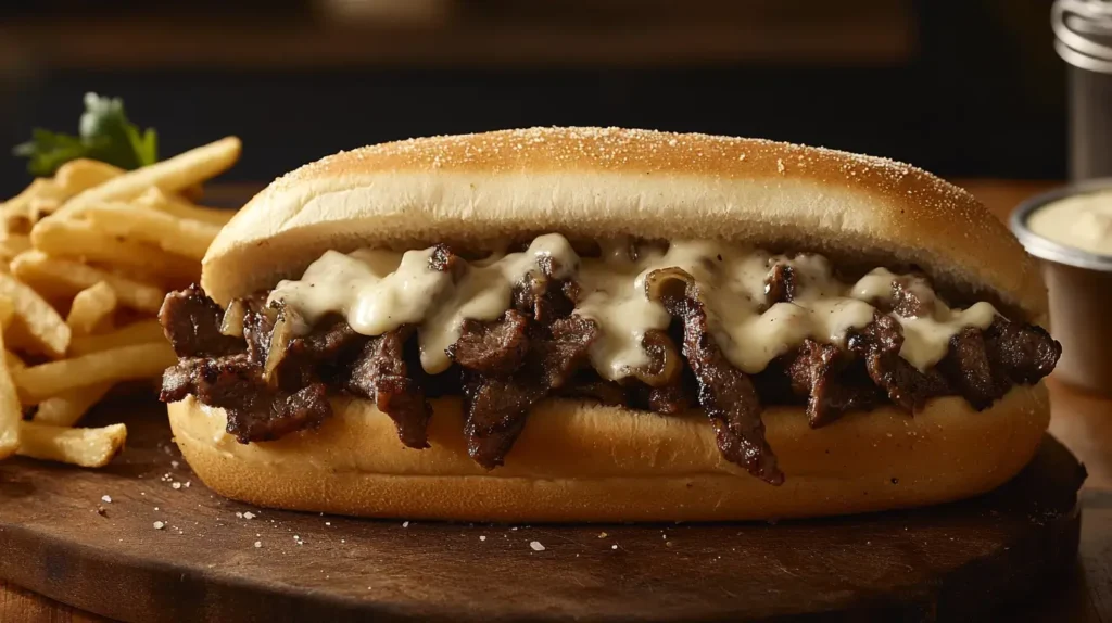 Philly cheesesteak sandwich with steak, cheese, and onions.