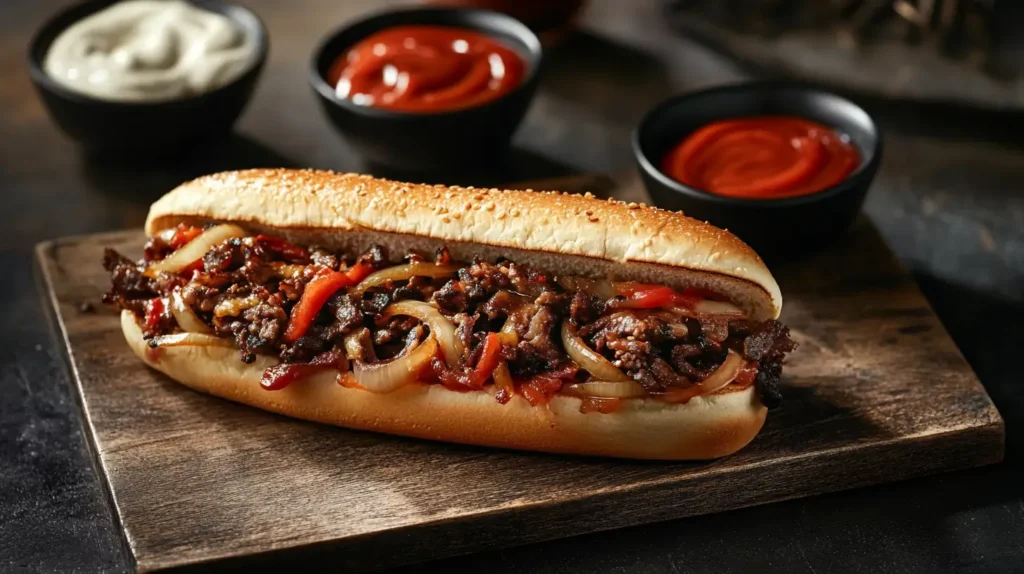 Philly cheesesteak with onions, peppers, and various sauce options.