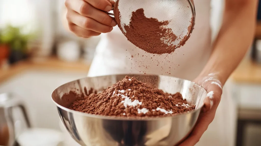 Close-up of a baker's hands sifting cocoa powder into a mixing bowl filled with dry ingredients