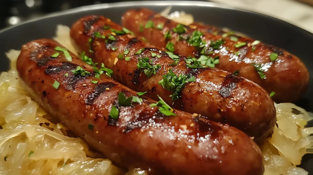 A platter of kielbasa with sauerkraut, roasted potatoes, and vegetables.