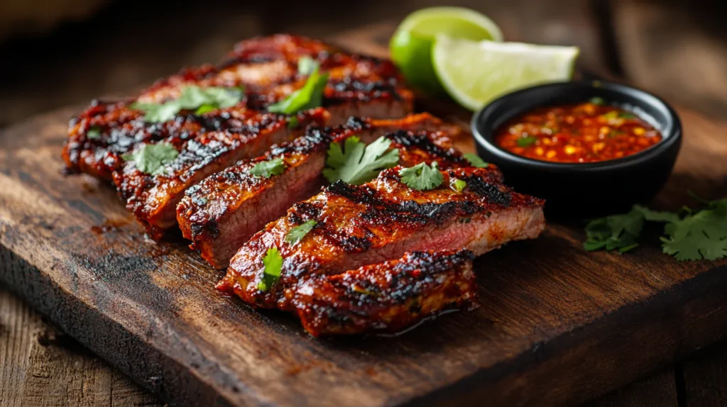 Juicy chipotle steak garnished with lime and cilantro.