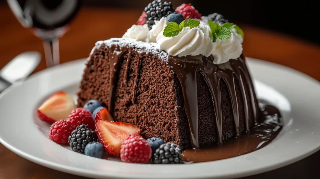 Close-up of a freshly baked chocolate bundt cake with glossy chocolate glaze dripping down, accompanied by fresh strawberries
