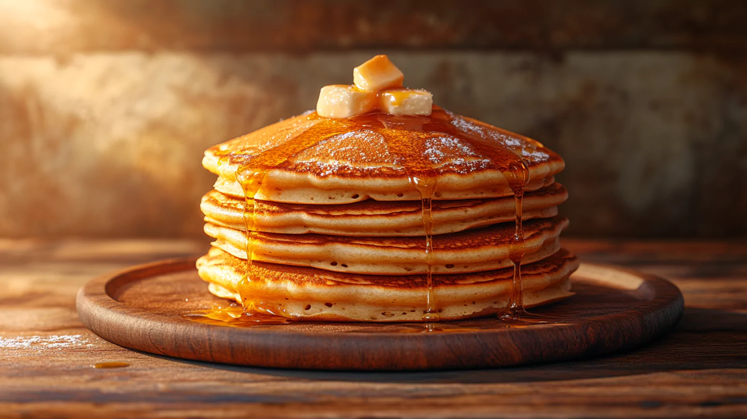 Fluffy pancakes with butter, syrup drizzling down, served on a wooden plate