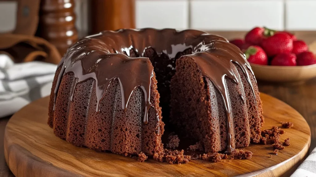 Close-up of a freshly baked chocolate bundt cake with glossy chocolate glaze dripping down, accompanied by fresh strawberries.