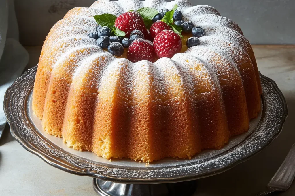 bundt cake dusted with powdered sugar and garnished with fresh raspberries, blueberries, and mint leaves