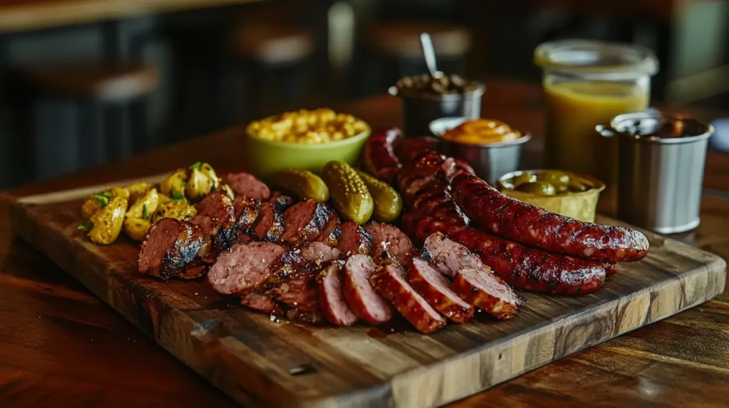 A wooden board with kielbasa and sausages displayed together