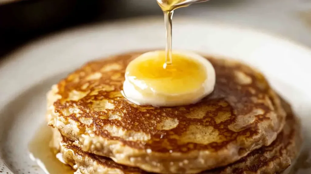 A stack of two fluffy pancakes on a white plate, topped with butter, as a golden syrup is being poured over the top.