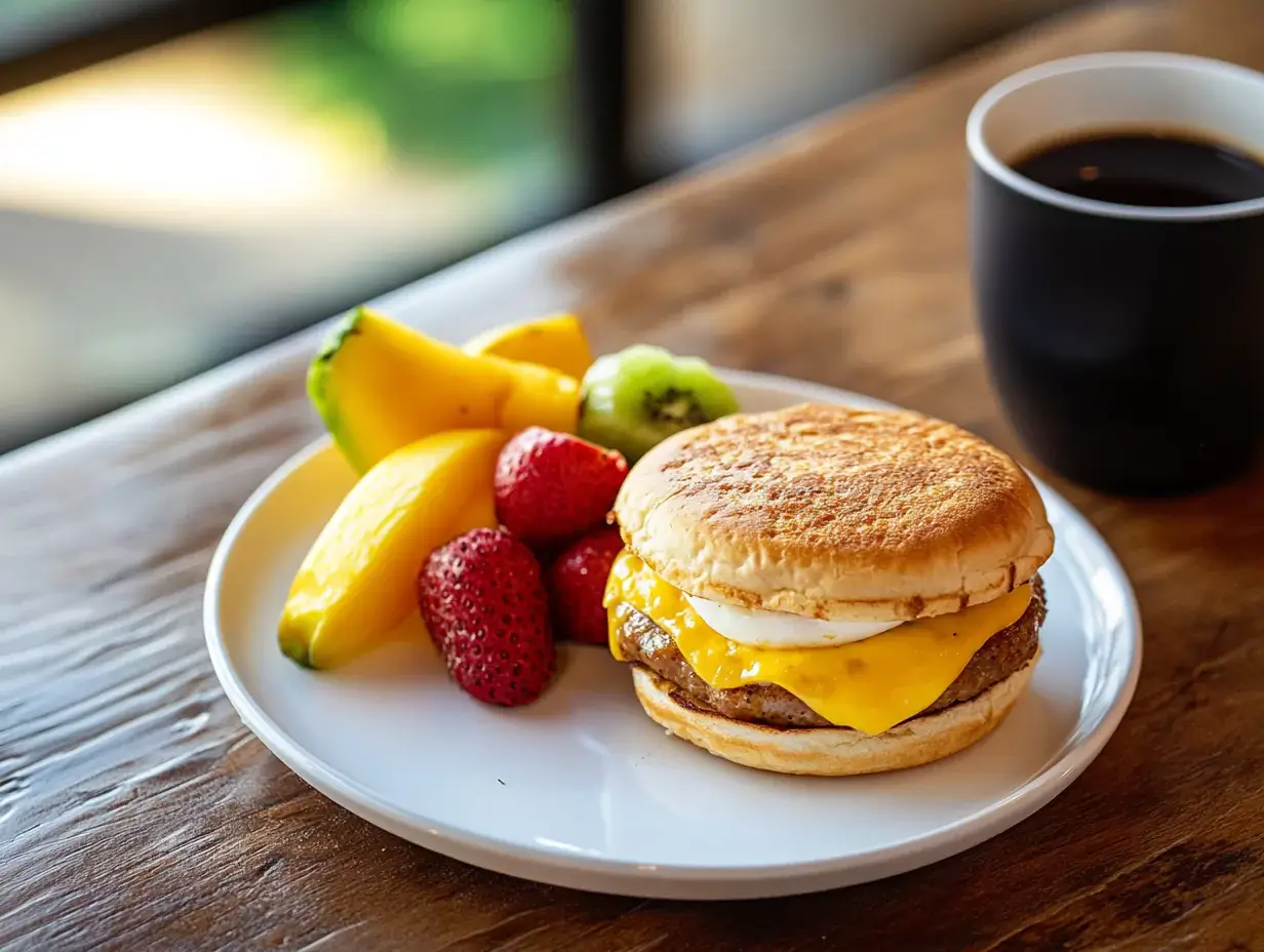 A sausage egg and cheese McMuffin on a white plate with fruit and coffee.