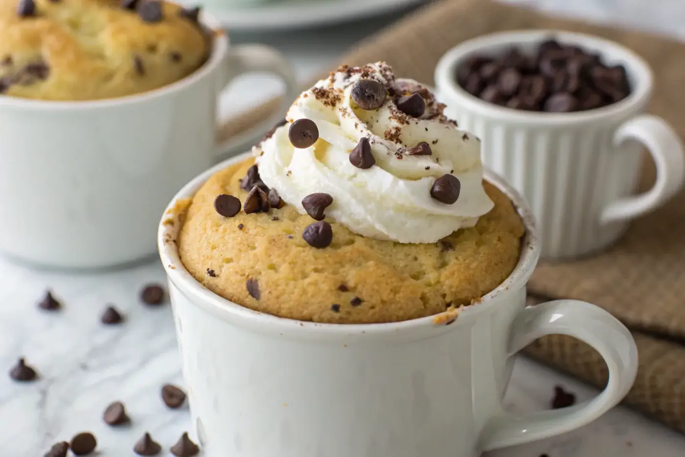 3 ingredient mug cake topped with whipped cream and chocolate chips
