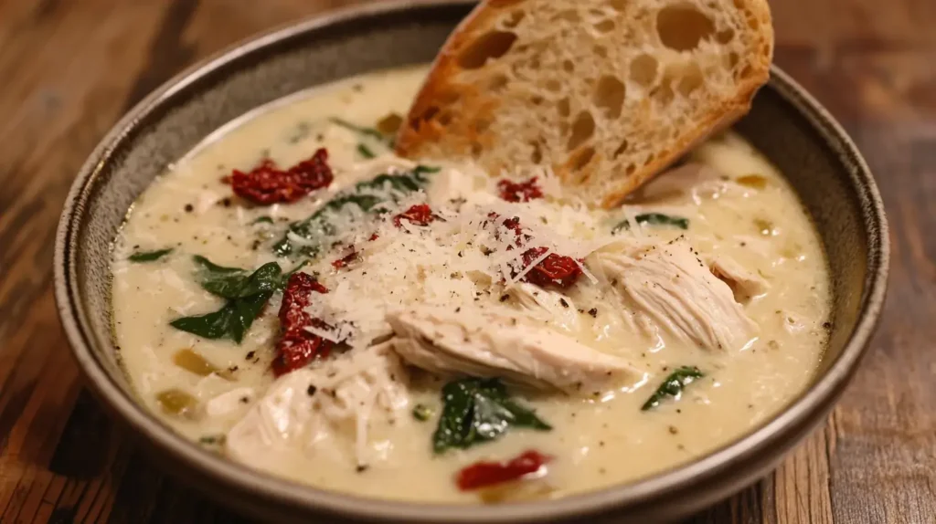 A bowl of Marry Me Chicken Soup with bread on the side.