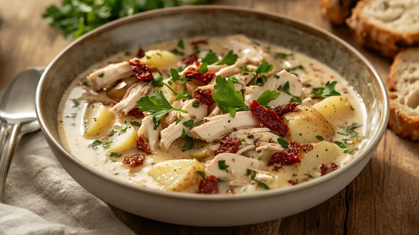 Close-up of Marry Me Chicken Soup with potatoes garnished with parsley.
