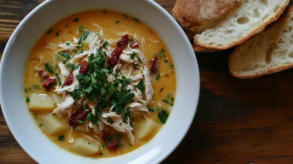 A bowl of Marry Me Chicken Soup with potatoes and bread.