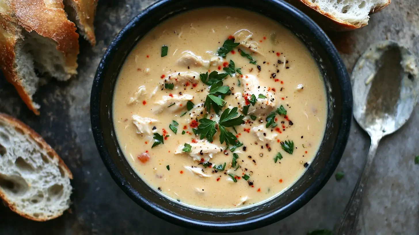 A bowl of Marry Me Chicken Soup Slow Cooker with bread