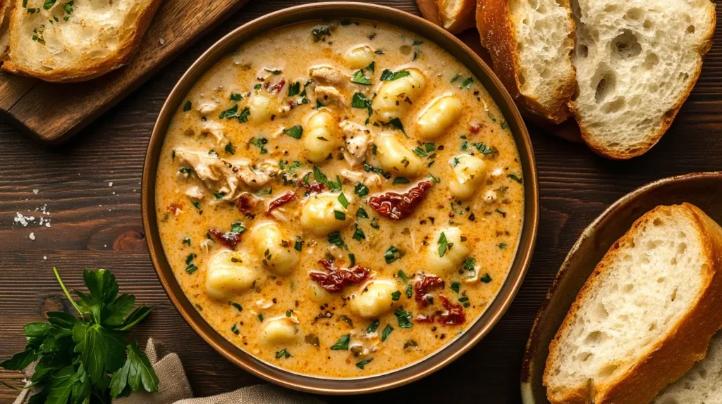 A bowl of Marry Me Chicken Soup with Gnocchi and bread.