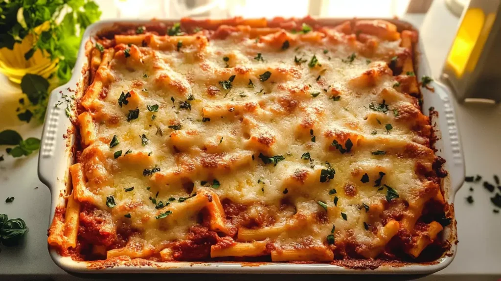 Baked ziti without meat, garnished with fresh basil.