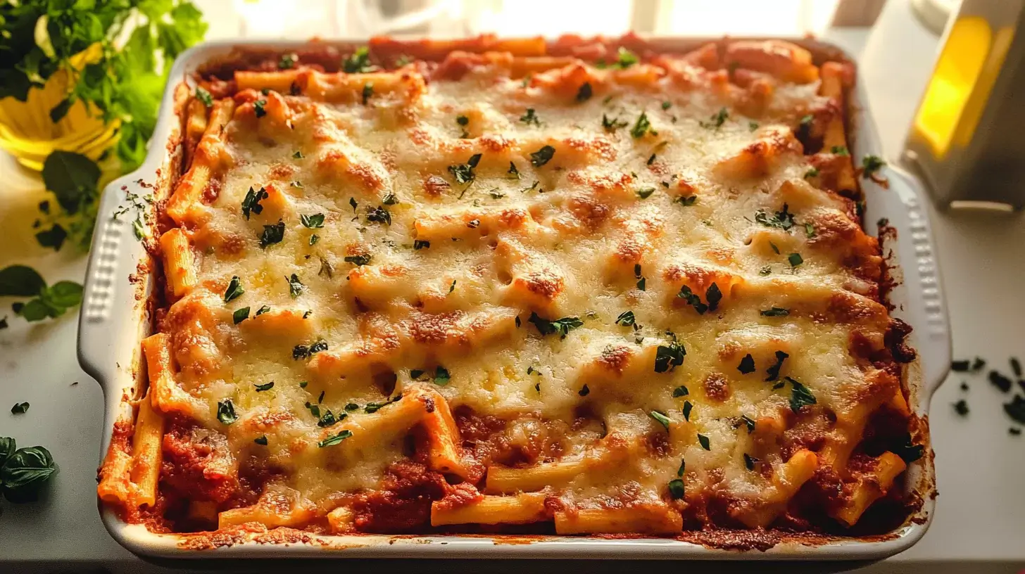 Baked ziti without meat, garnished with fresh basil.