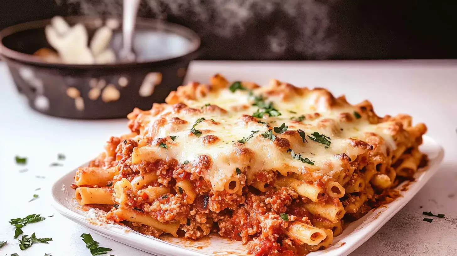 Baked ziti served with garlic bread and salad.