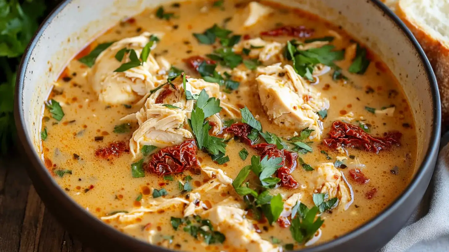 A bowl of Marry Me Chicken Soup Dairy-Free with bread.