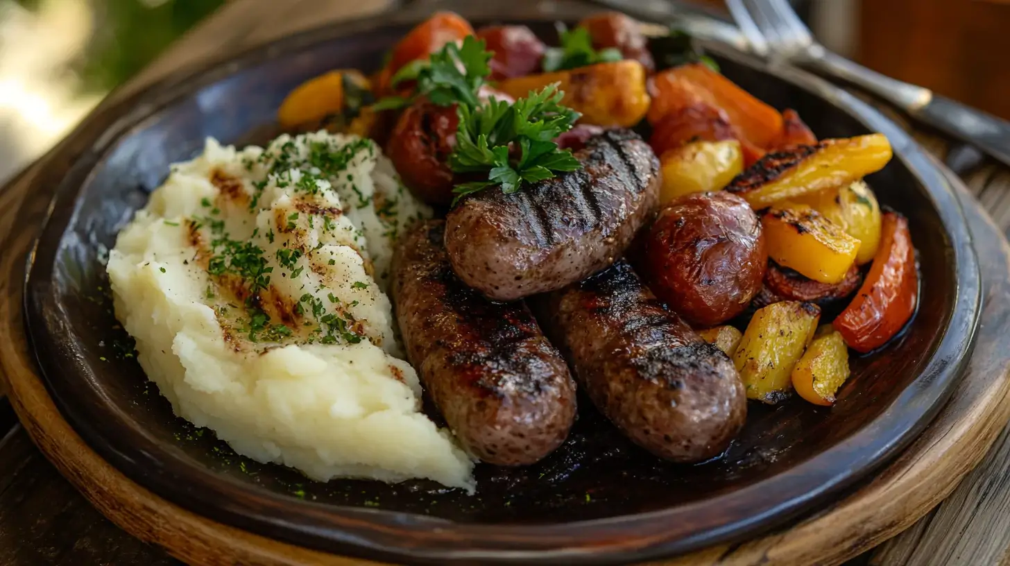 A plate of grilled beef sausages with mashed potatoes and vegetables.