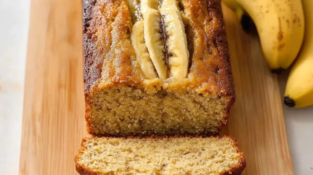 4 ingredient banana bread with ripe bananas and baking tools.