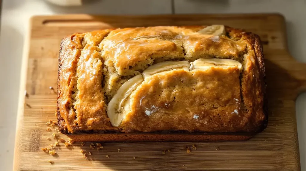 A loaf of 4 ingredient banana bread with ripe bananas and baking tools.