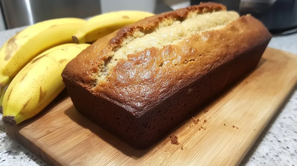 A loaf of banana bread with ripe bananas and baking tools.