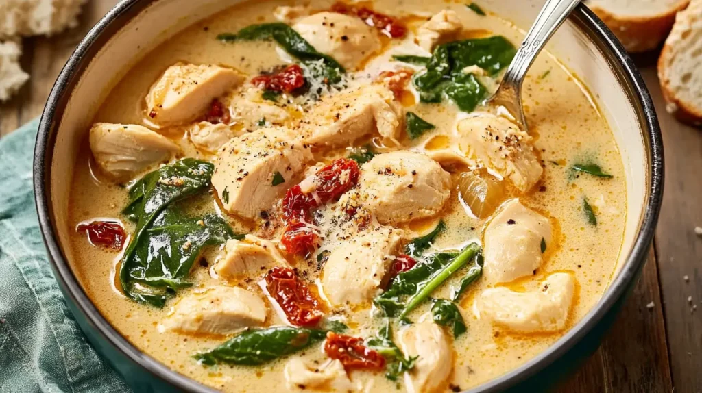 creamy Marry Me Chicken Soup with spinach and sun-dried tomatoes.